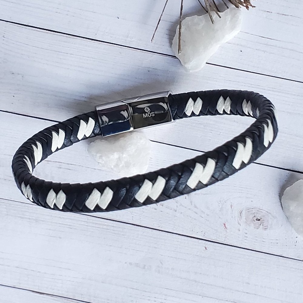 Braided black Leather Bracelet Magnetic Clasp, 8in